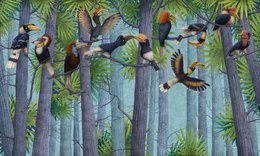 Ekskluzywny mural Drzewa kolorowe ptaki Hornbill 1 Blue Kids Fantasy