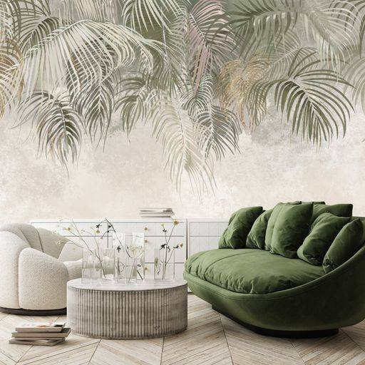 Fototapeta 3D do Pokoju Liście Beton Zieleń Beż Brąz