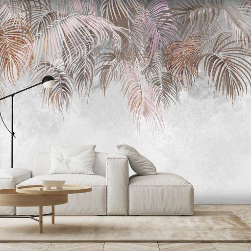 Fototapeta 3D do salonu Beton Liście Natura Beż Brąz