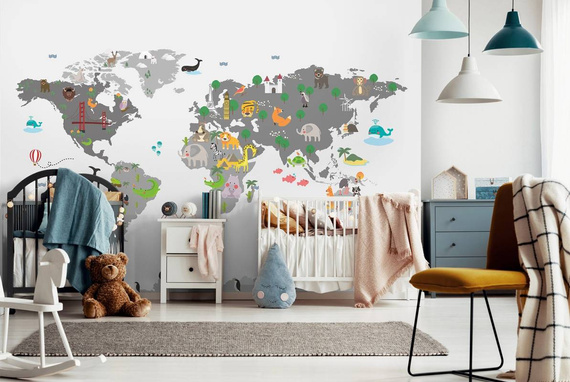 Fototapeta 13814 - Mapa Świata ze zwierzętami 
